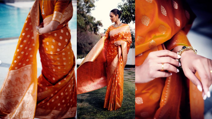 Esha Gupta Stuns in Orange Banarasi Saree