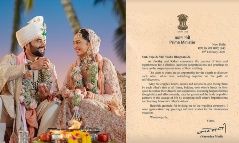 Prime Minister Narendra Modi's letter to Rakul Preet and Jackky Bhagnani