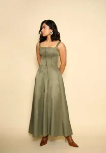 Rashmika Mandanna in an olive-grey corset dress