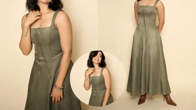 Rashmika Mandanna in an olive-grey corset dress
